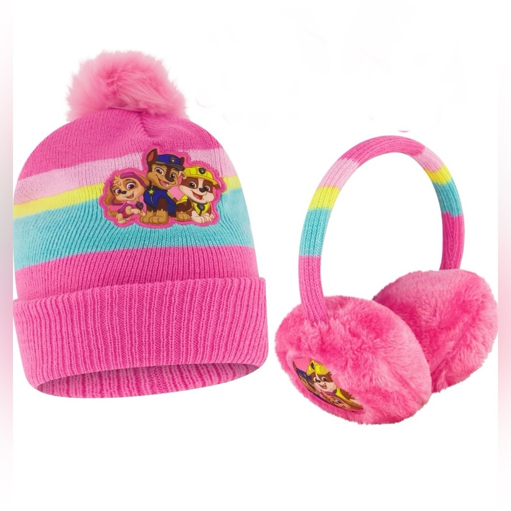 Paw Patrol Girls Pink Winter Knit Beanie Hat and Earmuffs Set for Ages 4-7